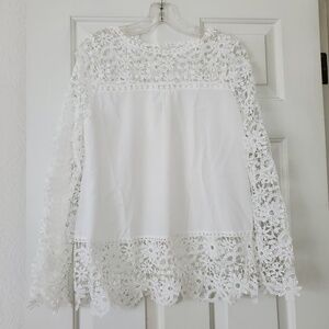 Women's White Chiffon Polyester Crochet Sheath Tunic Top Large